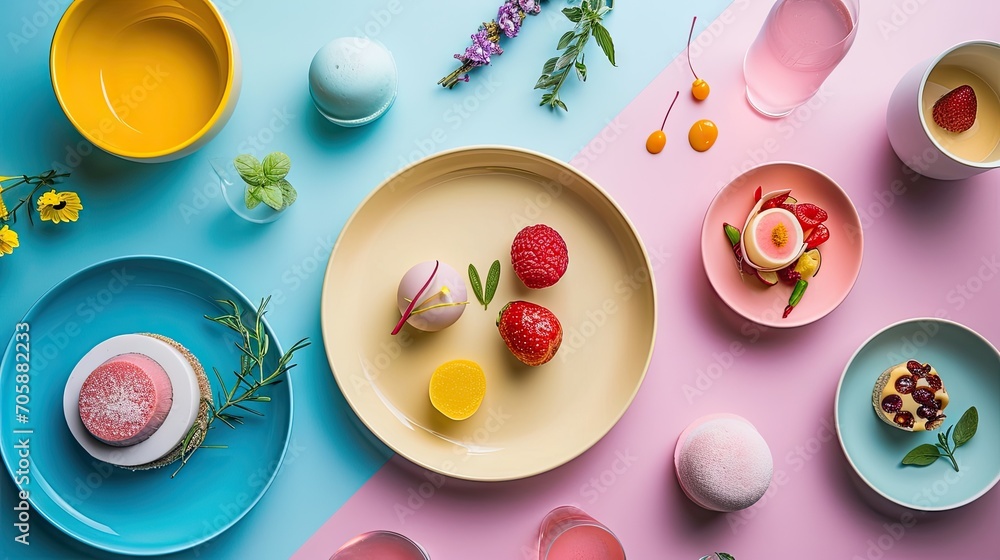 Poster a table topped with plates and bowls filled with different types of desserts on top of a blue and pi