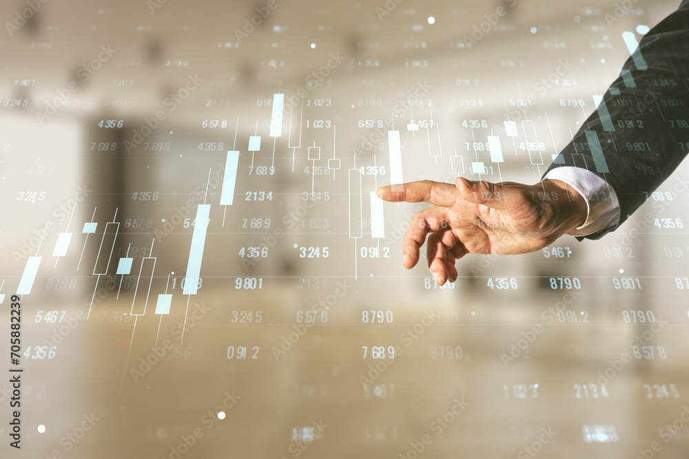 Poster Man hand working with abstract virtual stats data hologram on blurred office background. Multiexposure