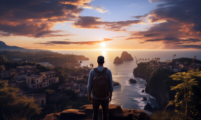 Silhouette of man with backpack standing on cliff and looking at the sunset.
