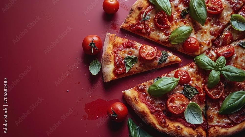 Poster a pizza topped with tomatoes and basil on top of a red surface next to a slice of pizza on a fork.
