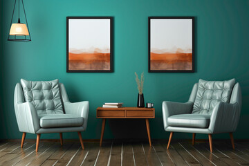Visualize a minimalist arrangement featuring brown and teal chairs against a clean background. Picture an empty frame on the wall, ready to showcase your creativity in this simple and inviting space.