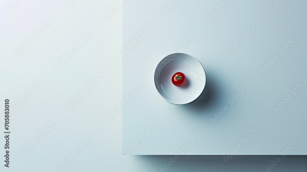 Poster a white bowl with a red object in the middle of it on a white surface with a red object in the middl