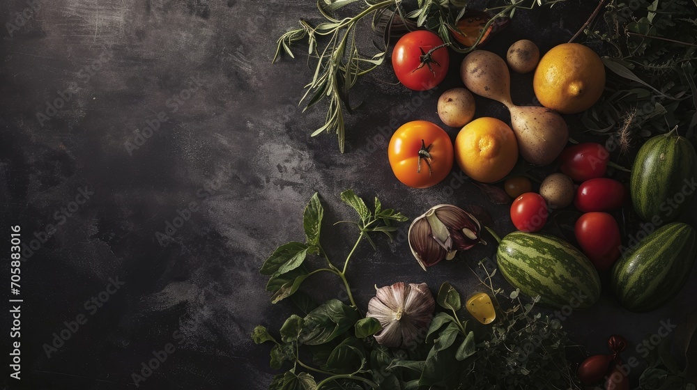 Poster a table topped with lots of different types of fruits and veggies on top of a black table cloth.