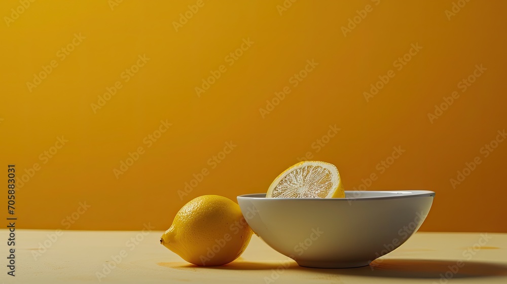 Aufkleber a bowl with two lemons in it next to a bowl with a slice of lemon in it on a table.