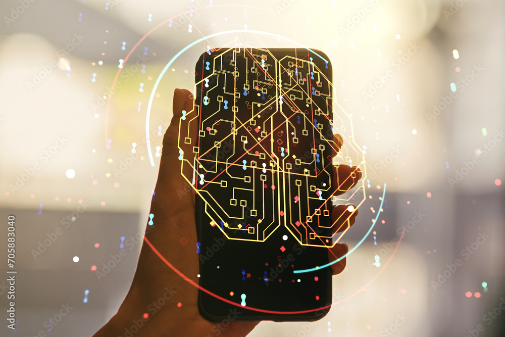 Aufkleber creative artificial intelligence concept with human brain hologram and hand with phone on background