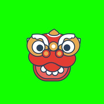 舞狮面具：绿色背景上的动画矢量插图