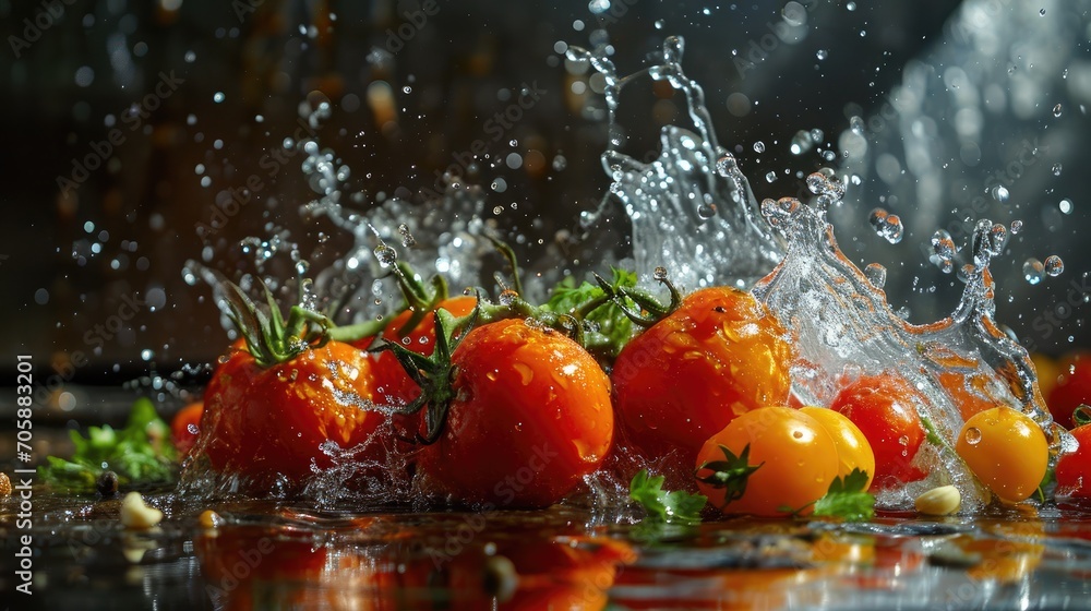 Poster a group of tomatoes with water splashing off of the top and on to the bottom of the picture and on t