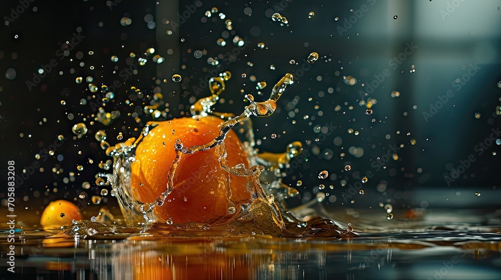 Poster a close up of an orange splashing into a body of water with oranges in the foreground and a building