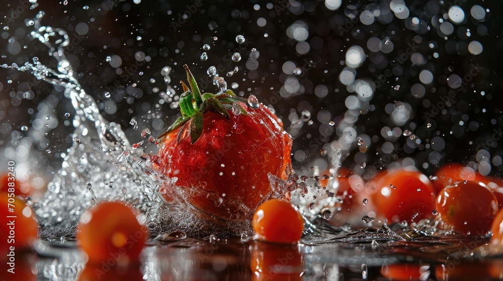 Poster a close up of a bunch of tomatoes with water splashing off of the top and on the bottom of the image