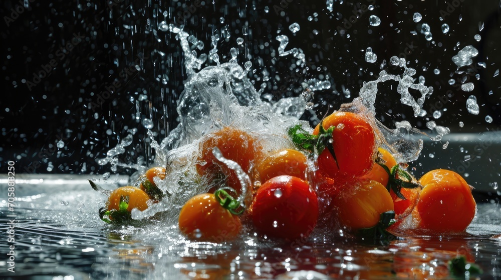 Poster a bunch of tomatoes are splashing into a pool of water with water droplets on the top and bottom of 