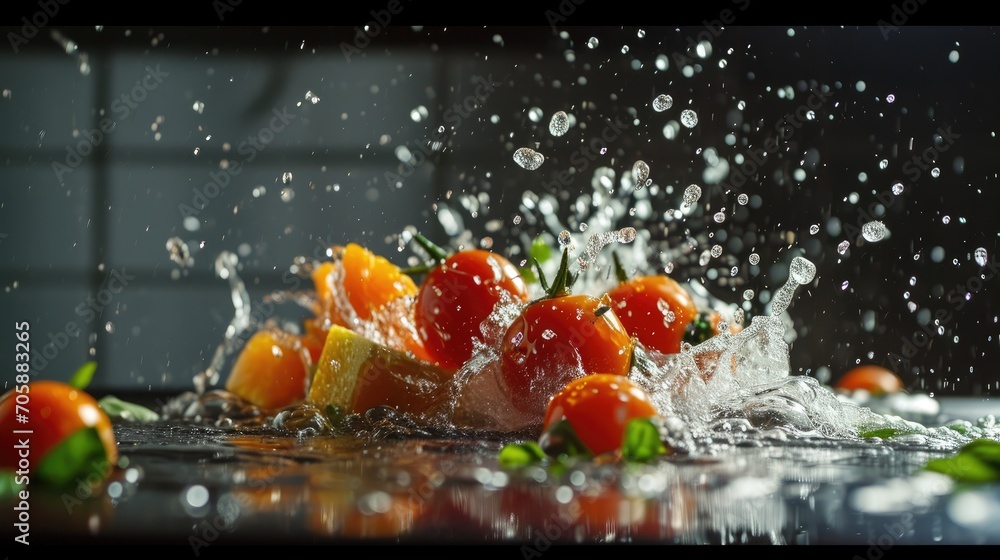 Poster a close up of a bunch of tomatoes being splashed with water on a table with other fruits and vegetab