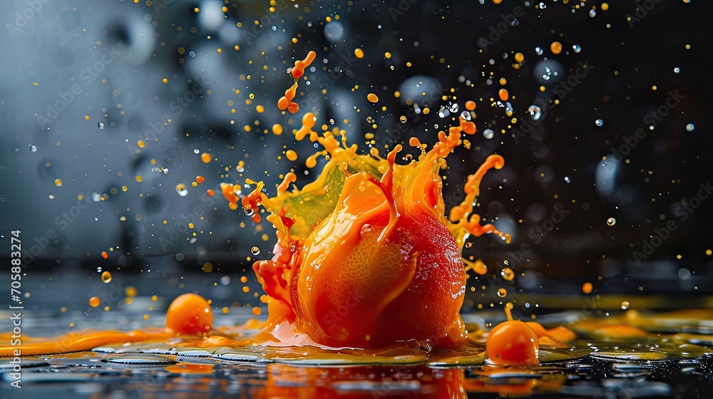 Poster a close up of a fruit splashing into the water with oranges on the side of the water and splashing o