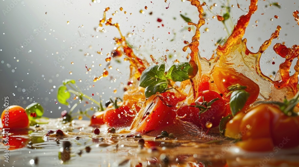 Poster a group of tomatoes are splashing into a puddle of orange juice on a gray background with a splash o