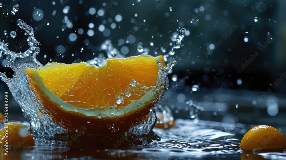Aufkleber a close up of an orange with water splashing off of it's side and some oranges in the background.