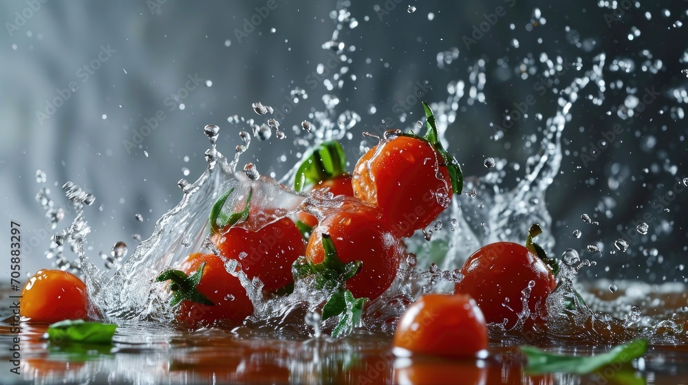 Poster a group of tomatoes splashing into a body of water with a splash of water on the top of them.