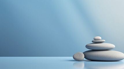 Zen Steine Meditation Wellness blauer Hintergrund minimalistisch - obrazy, fototapety, plakaty