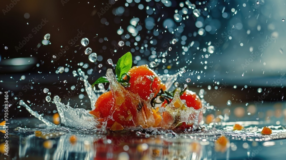 Poster a close up of a piece of fruit on a table with water splashing on it and a green leaf on top of it.
