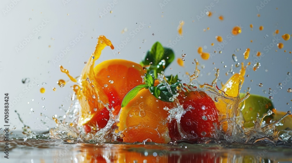 Poster a group of fruit splashing into a body of water with oranges and limes in the foreground.