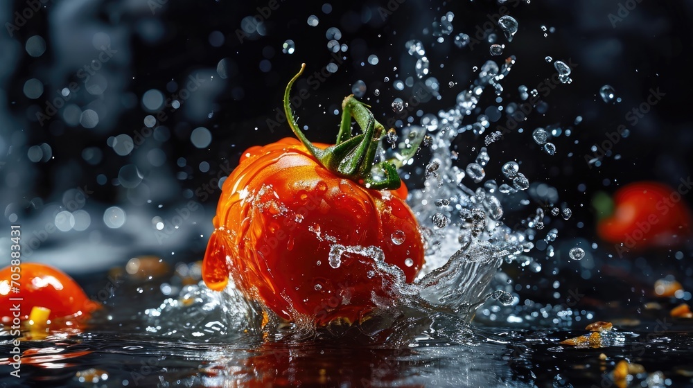 Poster a close up of a tomato splashing into a body of water with other tomatoes in the background and wate