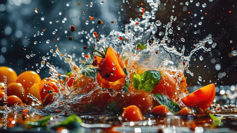 Poster a bunch of oranges are splashing into the water with a splash of water on the top of them.