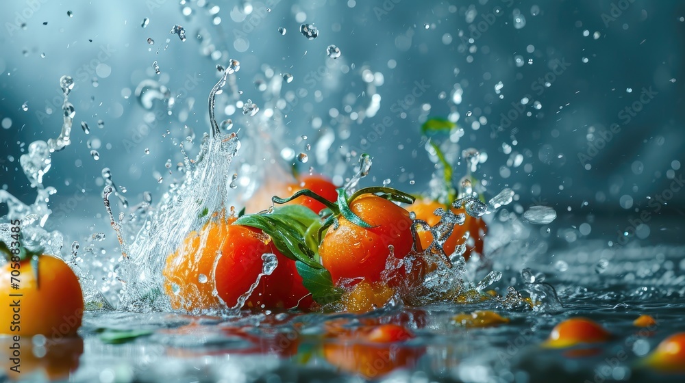 Poster a group of oranges splashing into a body of water with water droplets on the top and bottom of them.