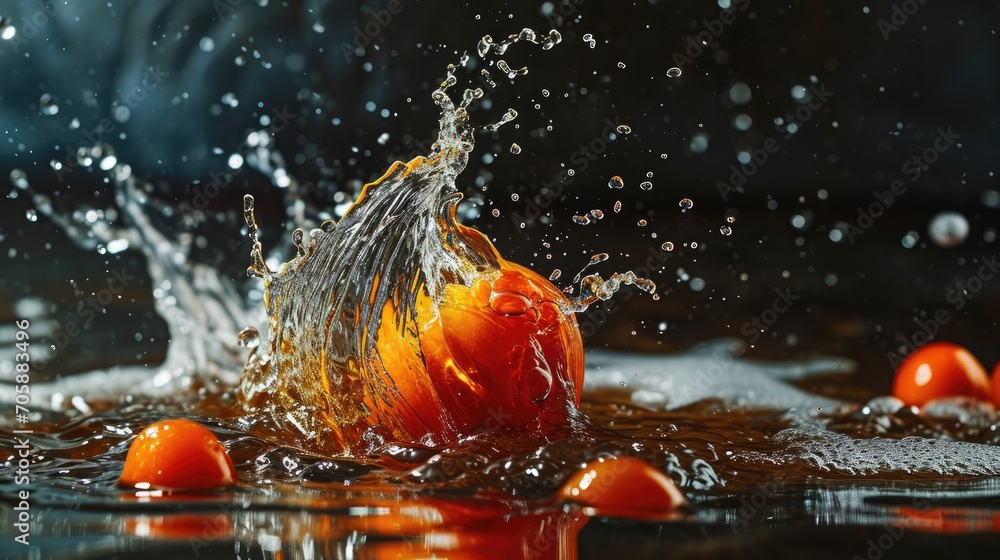 Poster a bunch of oranges are splashing into the water with a splash of water on the top of them.