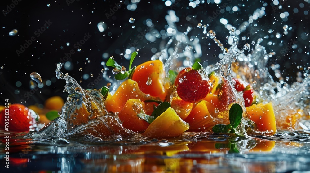 Sticker a bunch of fruit is splashing into the water with a splash of water on the top of the fruit.