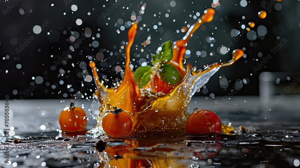 Poster a group of oranges splashing into a puddle of water on a black surface with drops of water on the su
