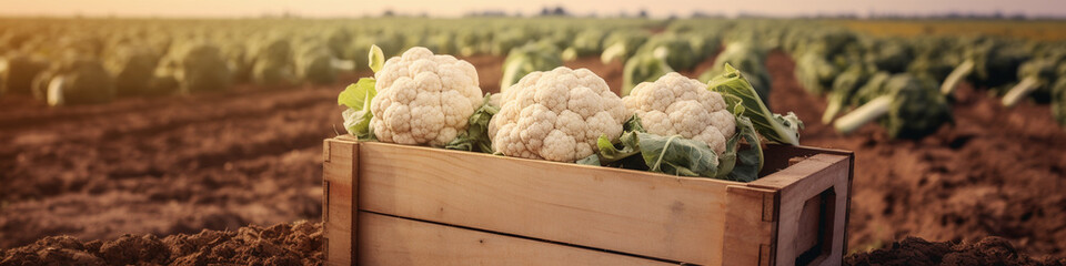 Organic cauliflower in a wooden box on the field.Generative AI