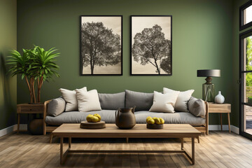 Visualize a modern living room showcasing two sofas in refreshing green and charcoal grey, paired with a wooden table. 