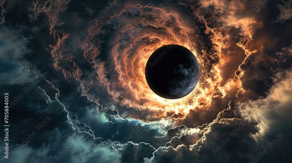 Poster a black hole in the middle of a cloudy sky with a black disk in the middle of the sky with clouds ar