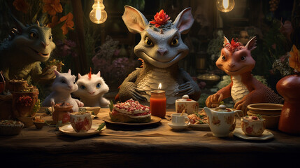 Dragon's Tea Party: A charming scene with the little dragon hosting a tea party with whimsical tea sets and treats, Little Dragon, Symbol, 2024 year