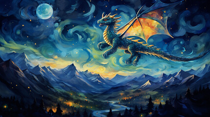 Starry Night Flight: The little dragon soaring through a starry night sky, carrying a sense of magic and mystery, Little Dragon, Symbol, 2024 year