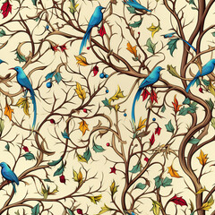 Nature Symphony, Tree Branches Surrounded With Birds Pattern Background,Seamless Pattern Images.