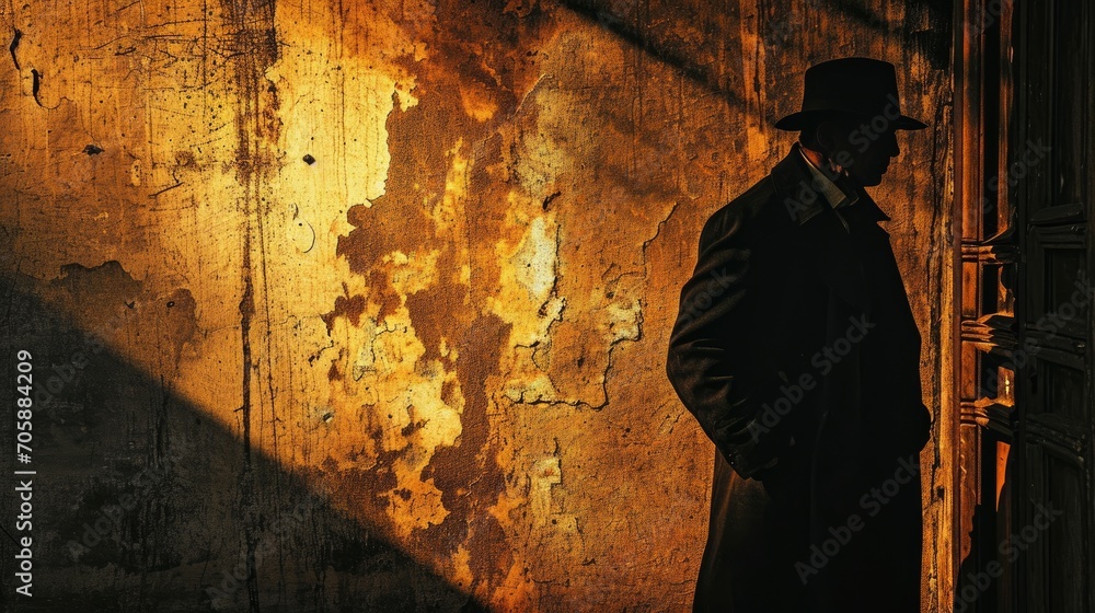 Poster a man in a top hat and coat standing in front of a rusted wall with a shadow on it.