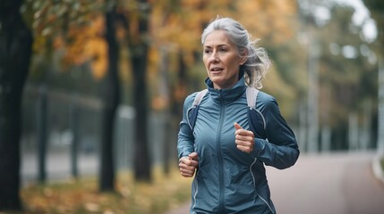 Elderly woman is jogging in the park, runner, Active Lifestyle Exercising,  Healthy, fitness, wellness lifestyle. Sport, cardio, workout - obrazy, fototapety, plakaty