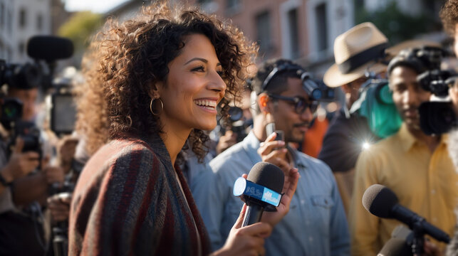 mature professional politician woman being interviewed live by a tv broadcast channel with microphones and cameras on a press conference outside on the city street