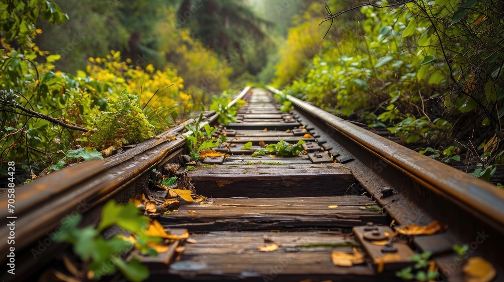 Aufkleber a set of train tracks in the middle of a forest with lots of trees on both sides of the tracks.
