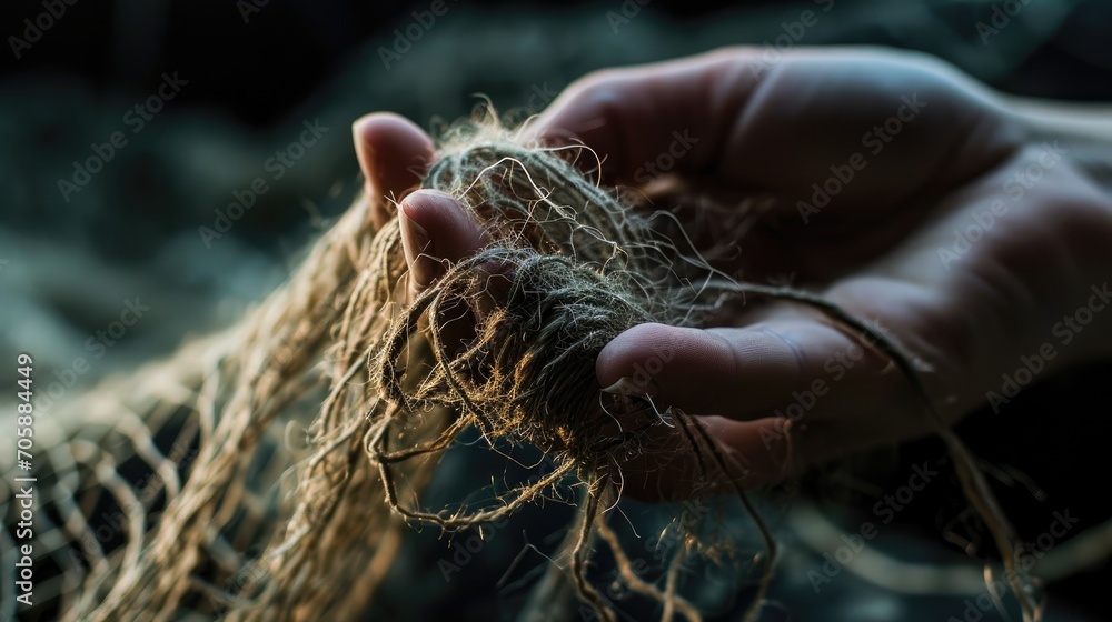 Poster a close up of a person holding a piece of rope with a knot at the end of the end of it.