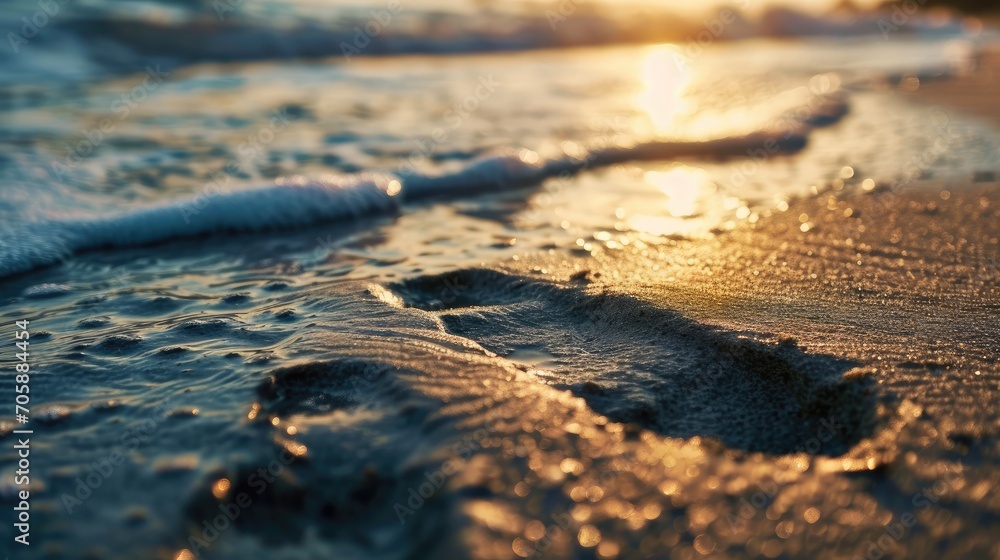 Aufkleber a close up of a wave on a beach with the sun setting in the background and the sand in the foregroun