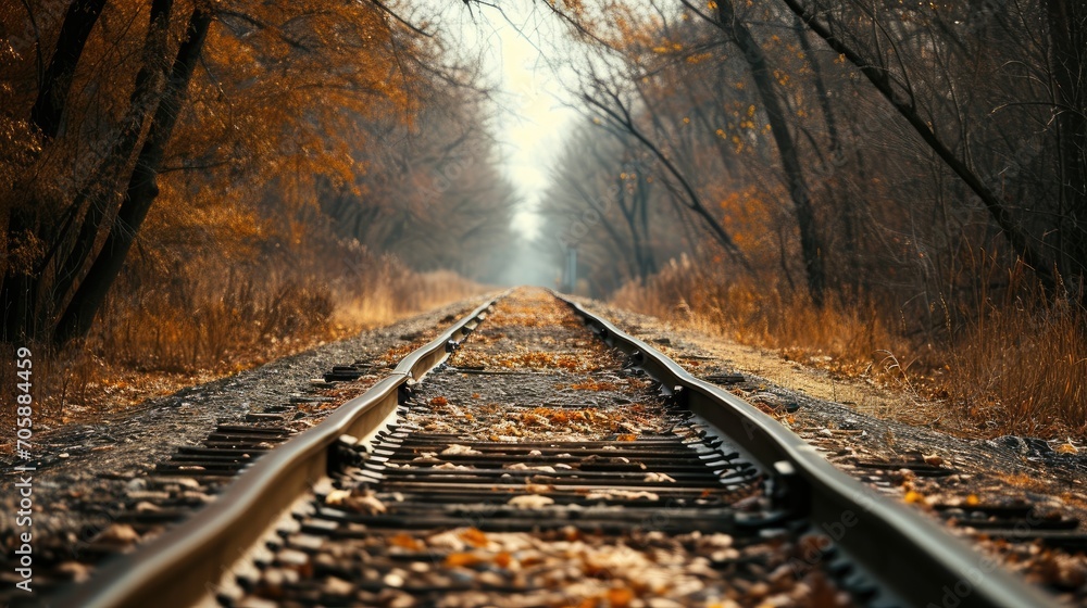 Poster a train track in the middle of a forest with lots of trees on either side of it and a light at the e