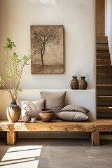 Fototapeta na wymiar Visualize the entrance to your home adorned with Japandi interior design, featuring a rustic wood bench against a neutral beige stucco wall. 