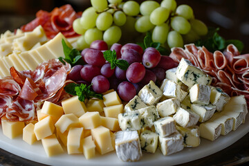 Gourmetkreationen: Eine verlockende Käseplatte präsentiert eine köstliche Vielfalt aromatischer Käsesorten