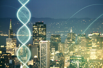 Virtual DNA symbol illustration on San Francisco skyline background. Genome research concept....
