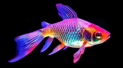 Blue and violet exotic fish. Tropical fish swimming in ocean. Figurine made of glass material. Digital art. Illustration for poster, cover, card or presentation.