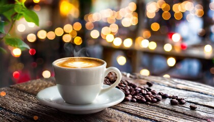 CAFÉ EM CIMA DA MESA DE MADEIRA POR DO SOL FUMAÇA