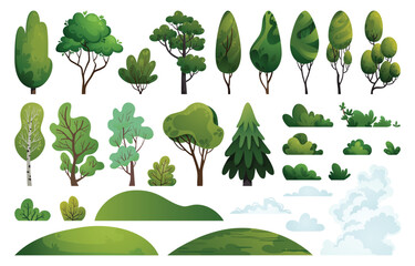 Summer landscape constructor kit. Collection with green hills, meadows, trees, shrubs, and clouds. Forest nature elements on a white background for banners, cards, stickers, packages, and web design.