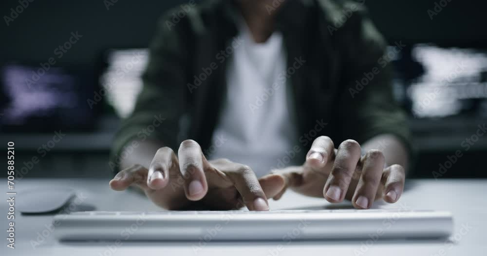 Poster Business hands, keyboard and information technology, programming or cybersecurity at night. Programmer, software engineer or person with coding solution, online research and data analysis in closeup