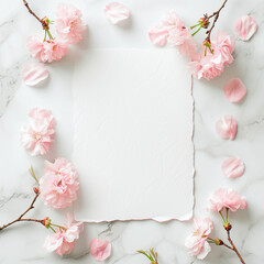 桜の花の背景に白いメッセージカード