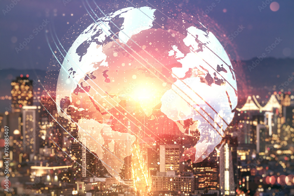 Aufkleber multi exposure of abstract graphic world map hologram on san francisco office buildings background, 